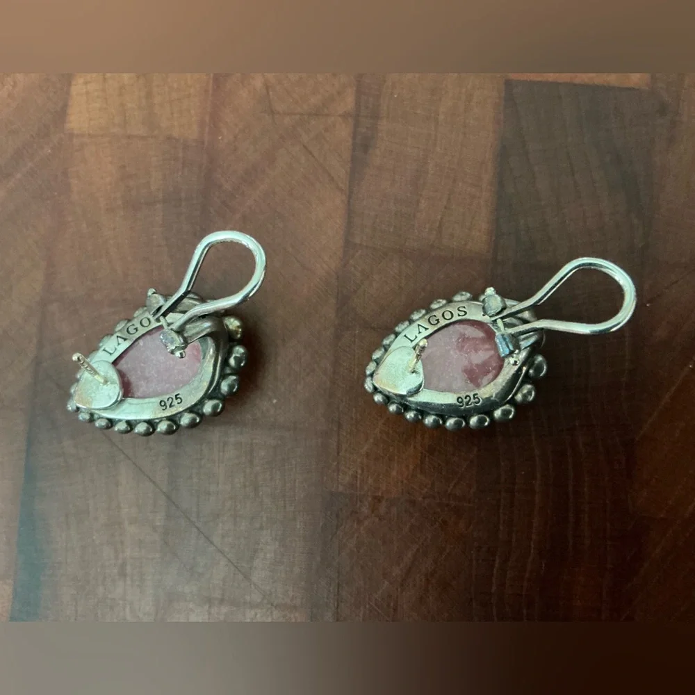 Lagos Maya rhodochrosite teardrop earrings caviar collection - Picture 2 of 8